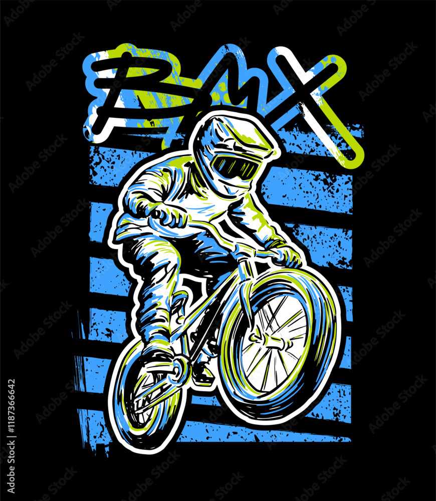 Fototapeta premium Urban style modern t-shirt design with boy on bicycle BMX. Sport extreme grunge illustration for guys on black background. Graffiti words and street art