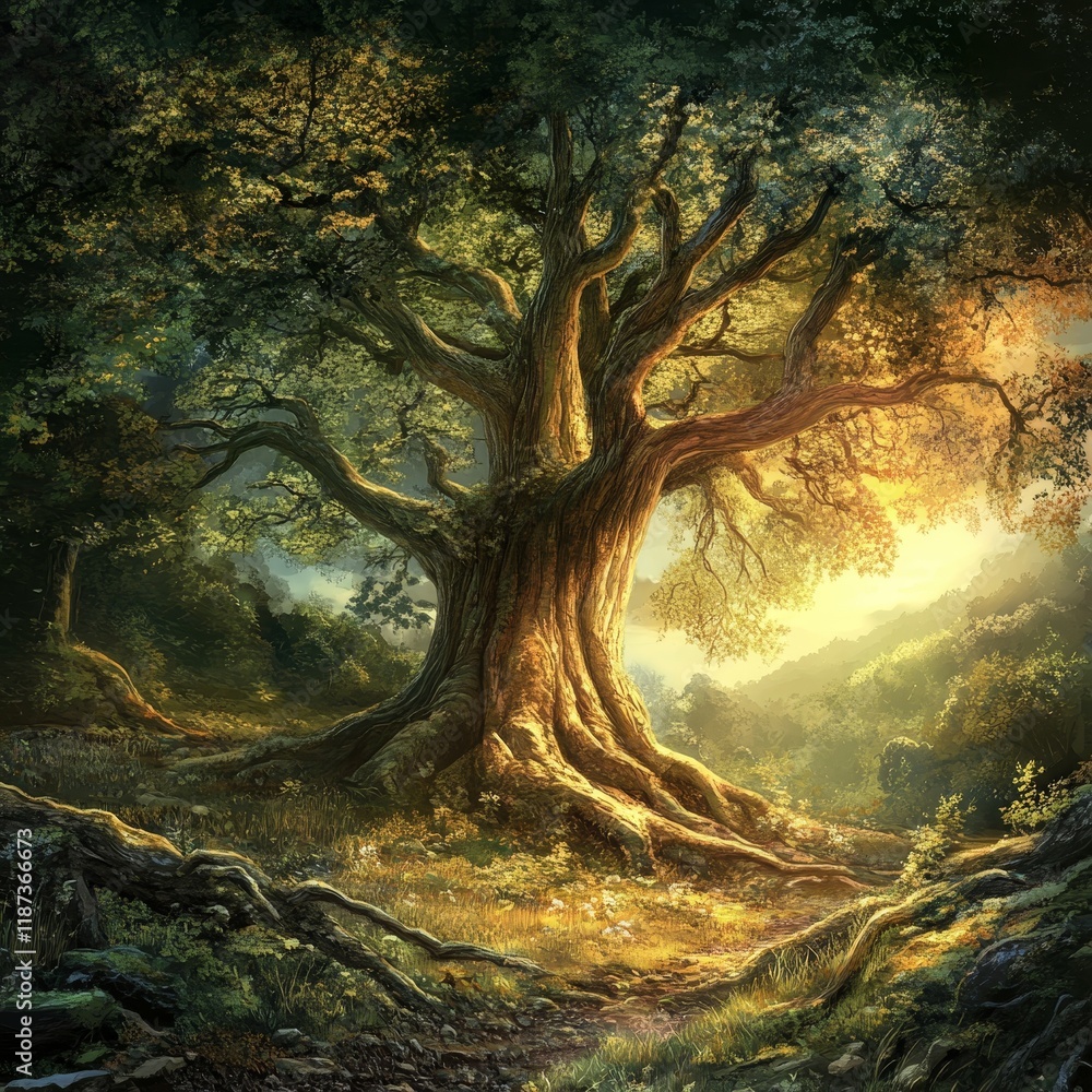 Fototapeta premium Old oak tree in the autumn forest. Fantasy landscape. Digital painting.