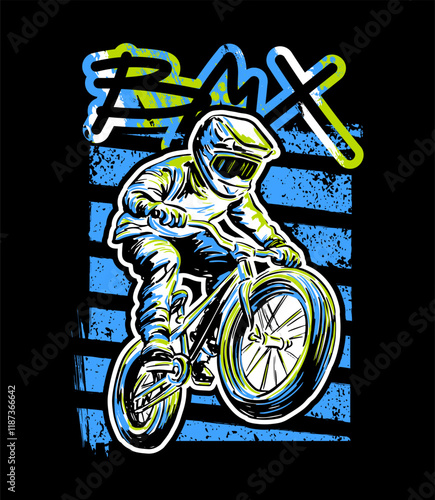 Urban style modern t-shirt  design with boy on bicycle BMX. Sport extreme grunge  illustration for guys on black background. Graffiti words and street art