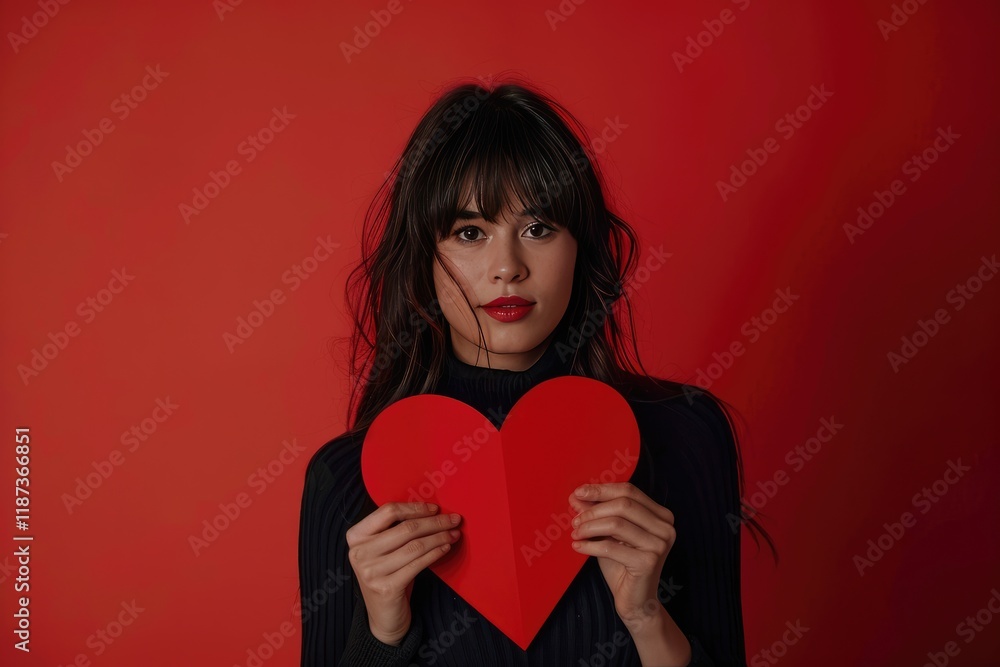 Beautiful Woman Holding Red Paper Heart in Front of Red Valentine’s Background, Celebrating Romance and Joy Beautiful Woman Holding Red Paper Heart in Front of Red Valentine’s Background, Celebrating Romance and Joy