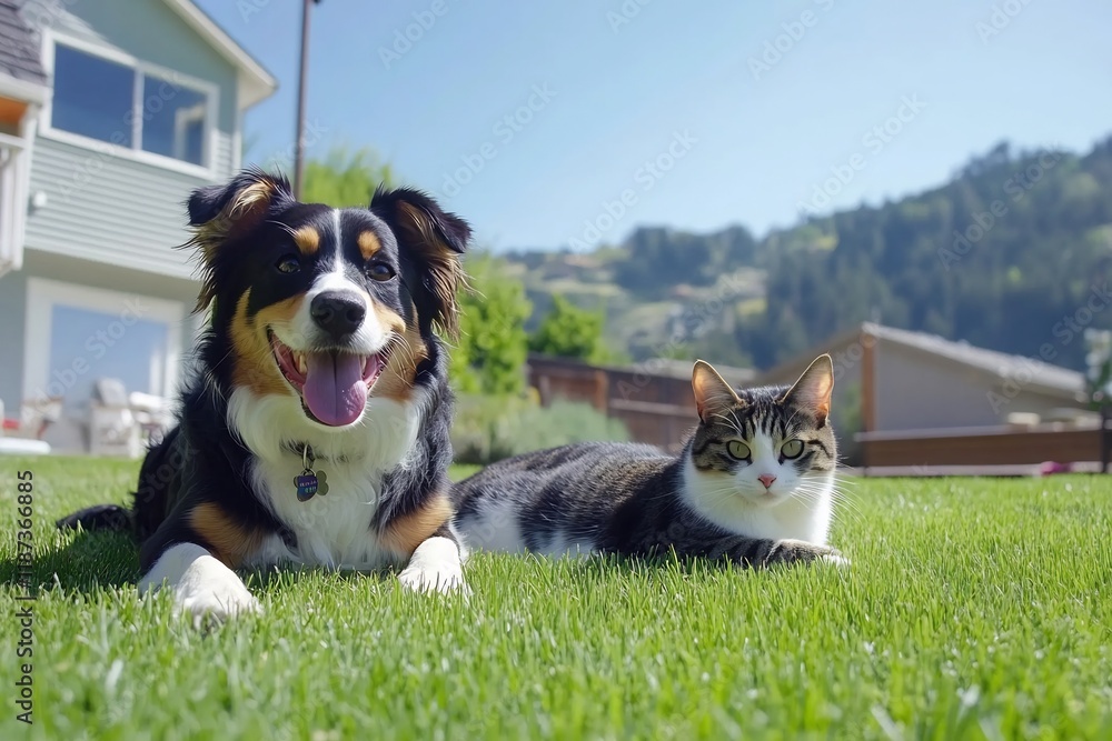 Happy dog, cat on sunny lawn, suburban home background Happy dog, cat on sunny lawn, suburban home background