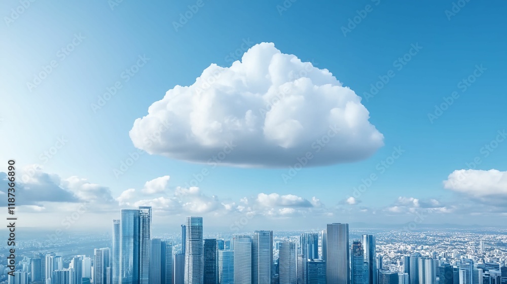 Fototapeta premium Cloud is floating above a city. The cloud is white and fluffy. The city is full of tall buildings