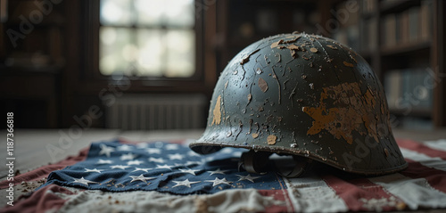 An aged military helmet with chipped paint sits on a worn American flag in a quiet, warmly lit room lined with books. The atmosphere reflects history and solemnity photo