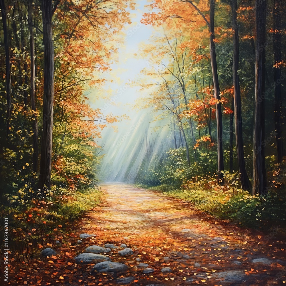 Obraz premium Autumn forest with sunbeams in the morning. Digital painting
