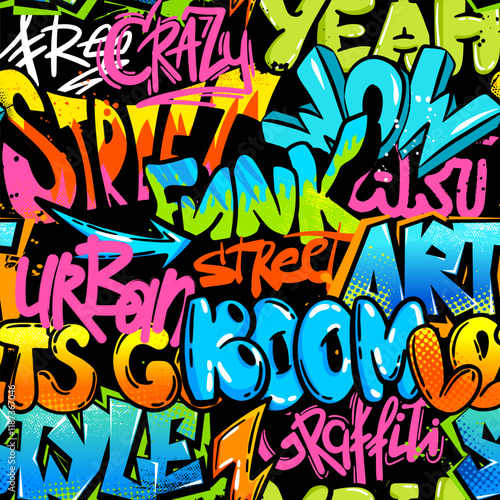 Abstract seamless chaotic pattern with graffiti words. Bright neon Grunge texture background. Wallpaper for boys Fashion urban  style