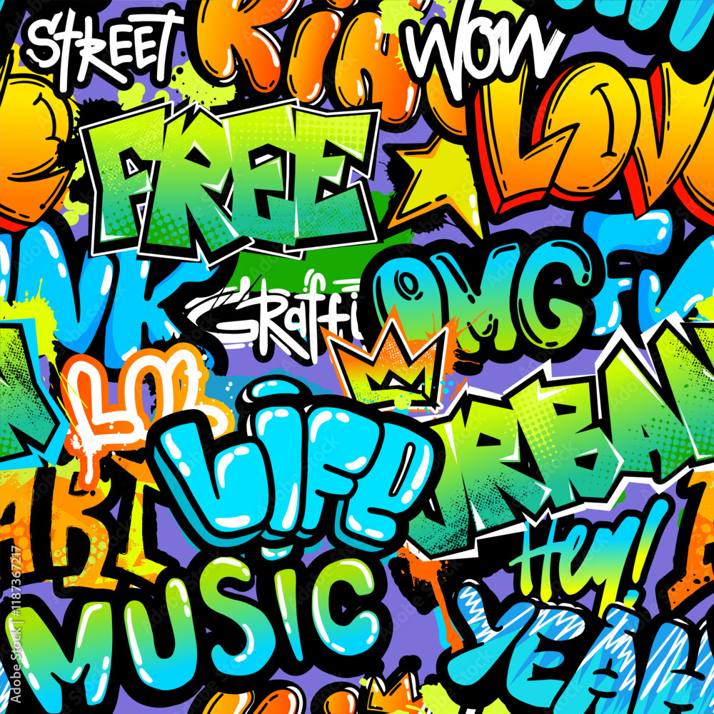 Abstract seamless chaotic pattern with graffiti words. Bright neon Grunge texture background. Wallpaper for boys Fashion urban style Abstract seamless chaotic pattern with graffiti words. Bright neon Grunge texture background. Wallpaper for boys Fashion urban style