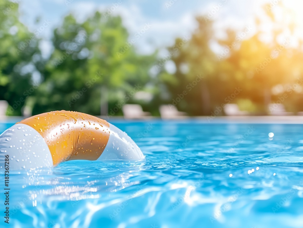 Yellow and white inflatable ring is floating in the water. The pool is empty and the sky is clear Yellow and white inflatable ring is floating in the water. The pool is empty and the sky is clear