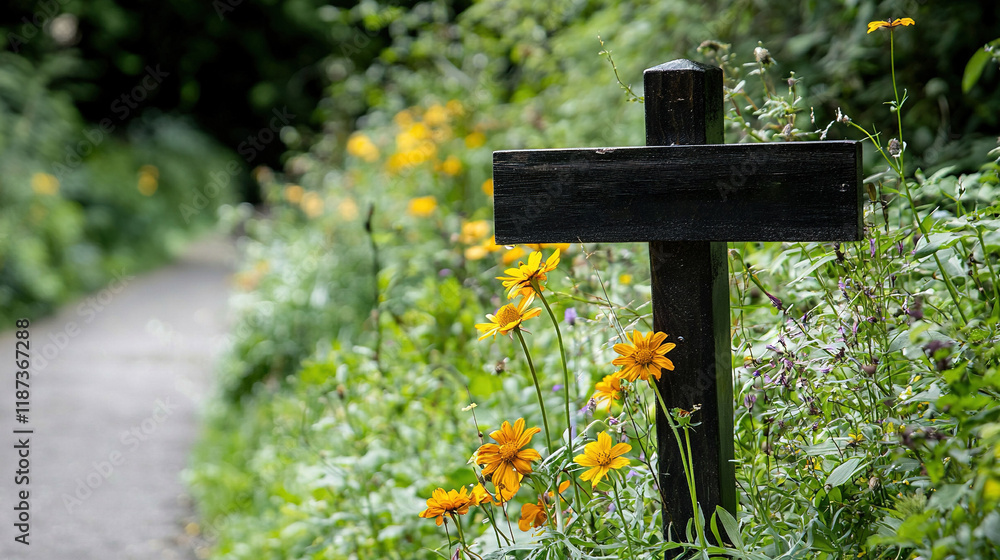 Wooden sign on roadside near lush green field of wildflowers Wooden sign on roadside near lush green field of wildflowers