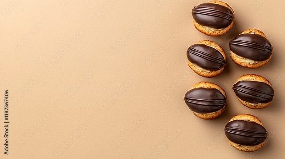 Chocolate-covered donuts arranged on a brown table with a cupcake on a plate Chocolate-covered donuts arranged on a brown table with a cupcake on a plate