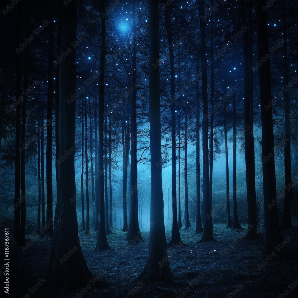 Fototapeta premium Dark forest at night with stars and blue sky, vector illustration.