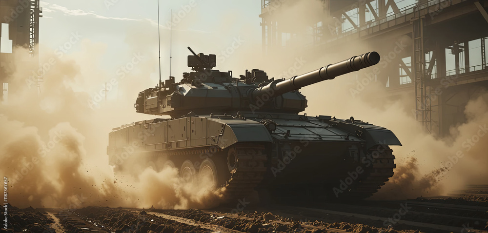 Obraz premium A military tank moves through a cloud of dust in an industrial setting at sunset. The scene highlights the tank's rugged design and operational capabilities, surrounded by a dramatic backdrop