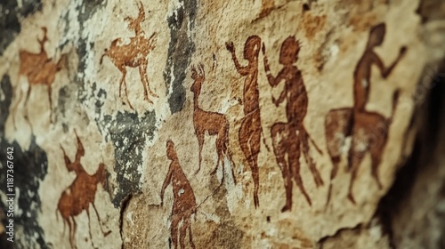 Rock with drawings of people and animals on it. The drawings are of people and animals from a long time ago