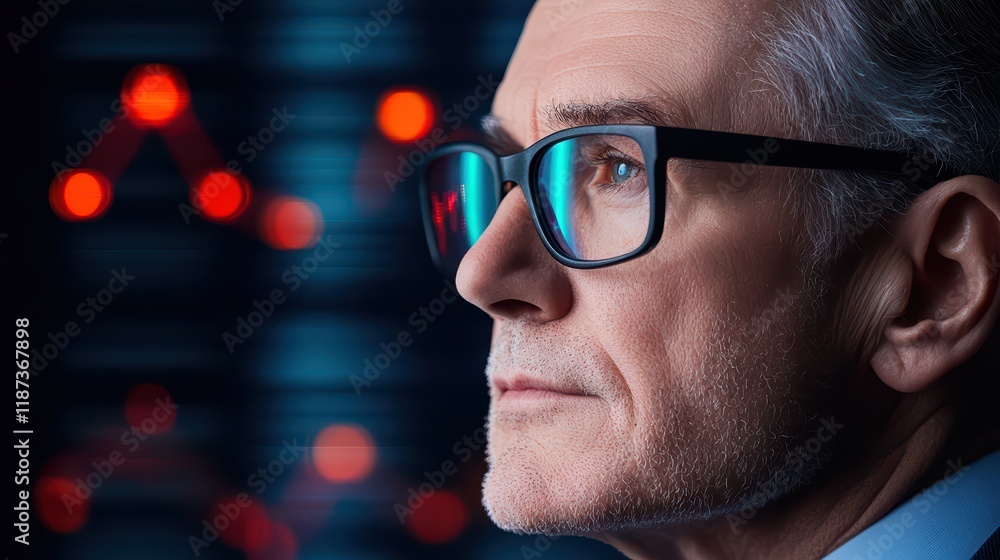 Focused Businessman in Glasses with Abstract Background Visuals