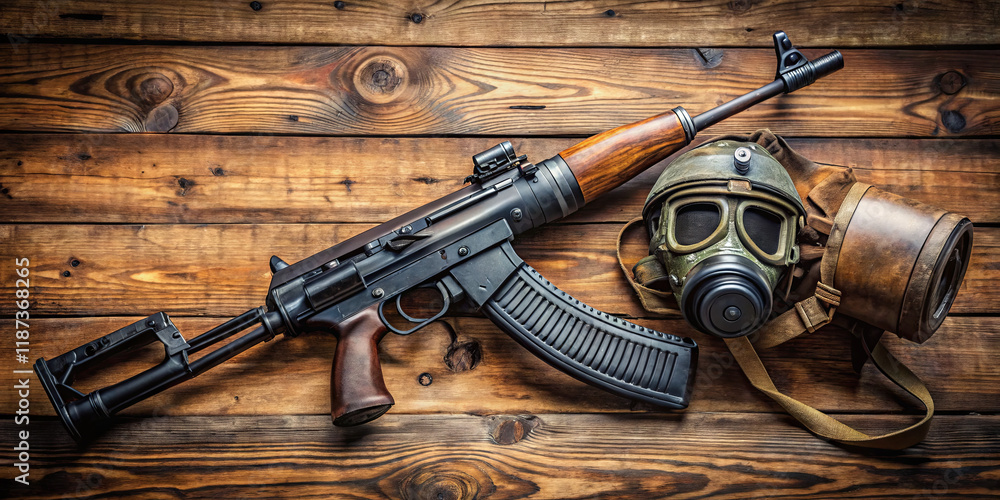 Fototapeta premium A classic rifle rests alongside a gas mask on a textured wooden surface, highlighting military artifacts and survival preparations from a past era