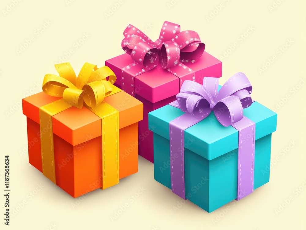 Fototapeta premium Three colorful boxes with ribbons on top, one is blue, one is pink and one is orange