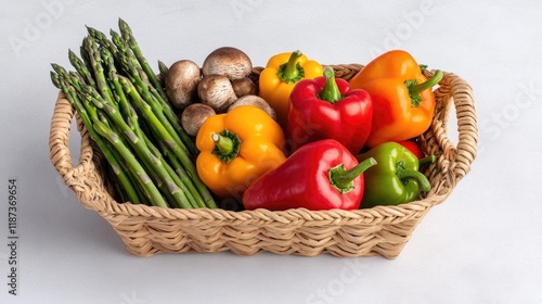 Basket of vegetables including asparagus, mushrooms, and peppers. The basket is filled with a variety of colorful vegetables, creating a vibrant and healthy atmosphere