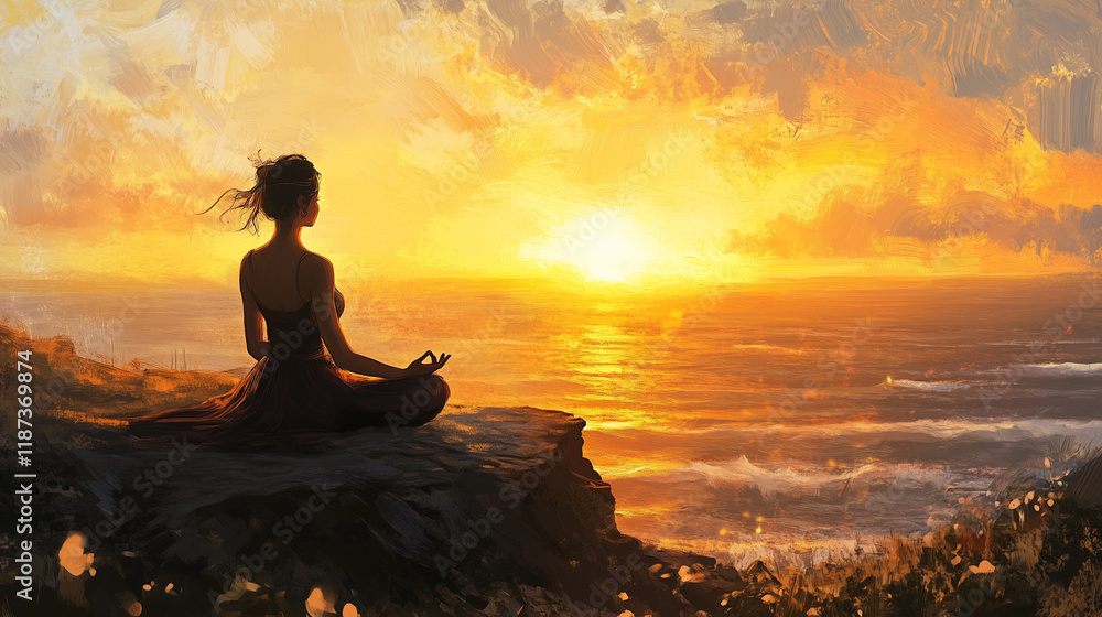 Sunset meditation by the ocean inspires peace and tranquility Sunset meditation by the ocean inspires peace and tranquility