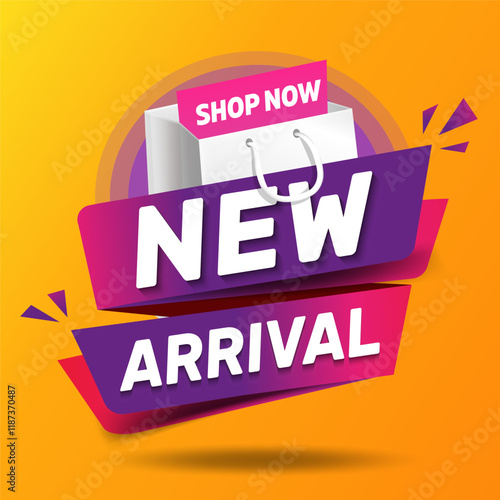 Speech bubble with ribbon and text new arrival. Sticker template for shop store new arrival promotion. Fresh product or renewed goods assortment or fashion collection announcement.