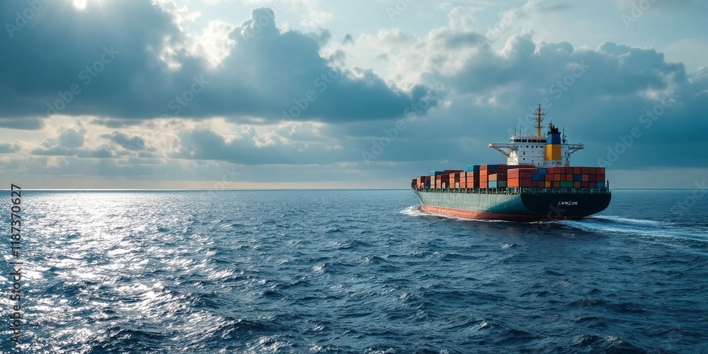 Fototapeta premium Cargo ship sailing on open sea under cloudy sky. Global trade, maritime transport, logistics concept. Ocean freight, international shipping, export import business