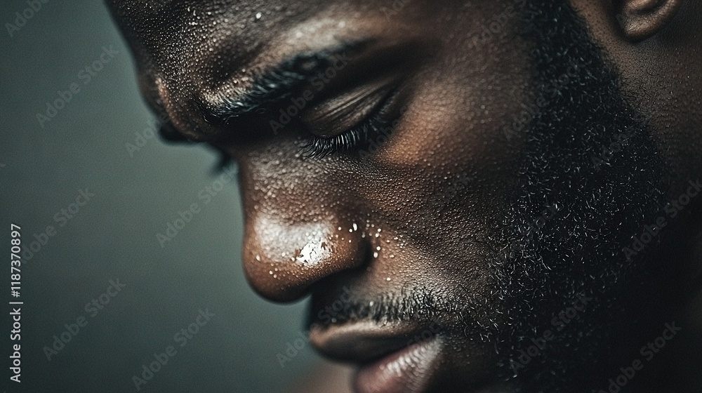 Obraz premium A close-up of a man's face with his eyes closed and covered black substance on his nose