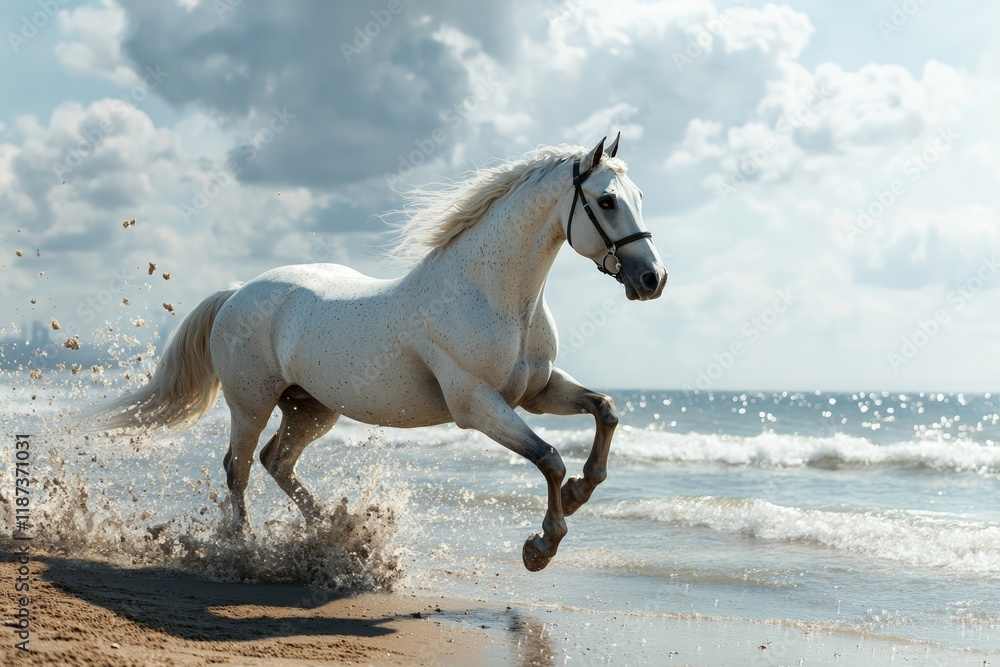 A white horse runs swiftly along the ocean shore, kicking up splashes of water with each stride. The backdrop features gentle waves and a cloudy sky, creating a serene atmosphere A white horse runs swiftly along the ocean shore, kicking up splashes of water with each stride. The backdrop features gentle waves and a cloudy sky, creating a serene atmosphere