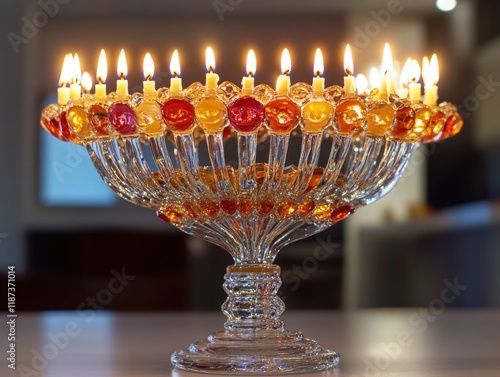 Large glass bowl with many candles in it. The candles are lit and the bowl is placed on a table photo