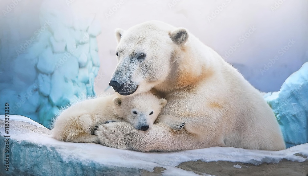 Heartwarming Arctic Love: Polar Bear Mother and Cub Cuddle Heartwarming Arctic Love: Polar Bear Mother and Cub Cuddle