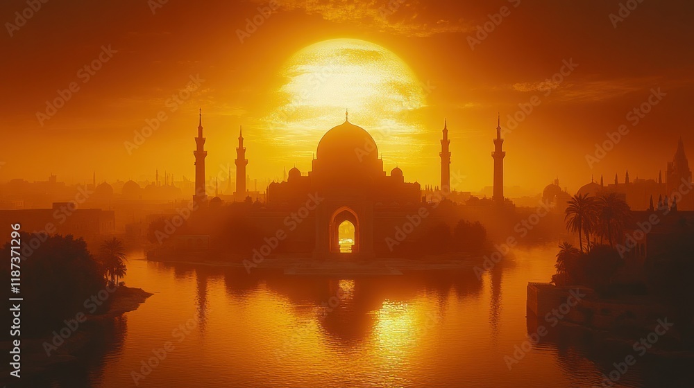 Naklejka premium Mosque at sunset on a lake with city silhouette.