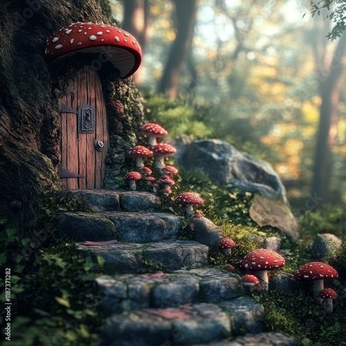 Mushroom house in the forest. 3d illustration. Vintage style.