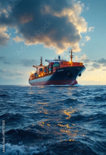 Large cargo container ship sailing on blue ocean at sunset. Global trade and maritime transportation concept. Freight logistics and shipping industry