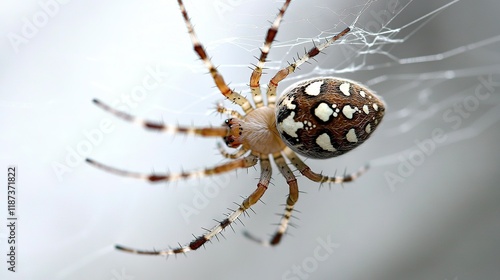   A spider with white and black spots on its back legs and a black and white spot on its backside