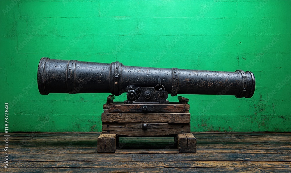 Antique cannon rests on weathered wooden mount. Antique cannon rests on weathered wooden mount.