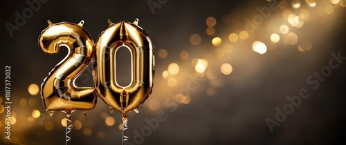 Golden foil balloons with the number 20 float against a dark background filled with soft, sparkling lights, symbolizing a birthday celebration. Narrow festive banner, space for text