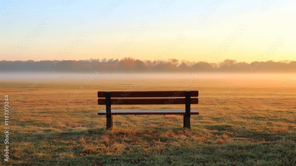 A wooden park bench sits alone in a misty field at sunrise.  Golden hour light bathes the scene.