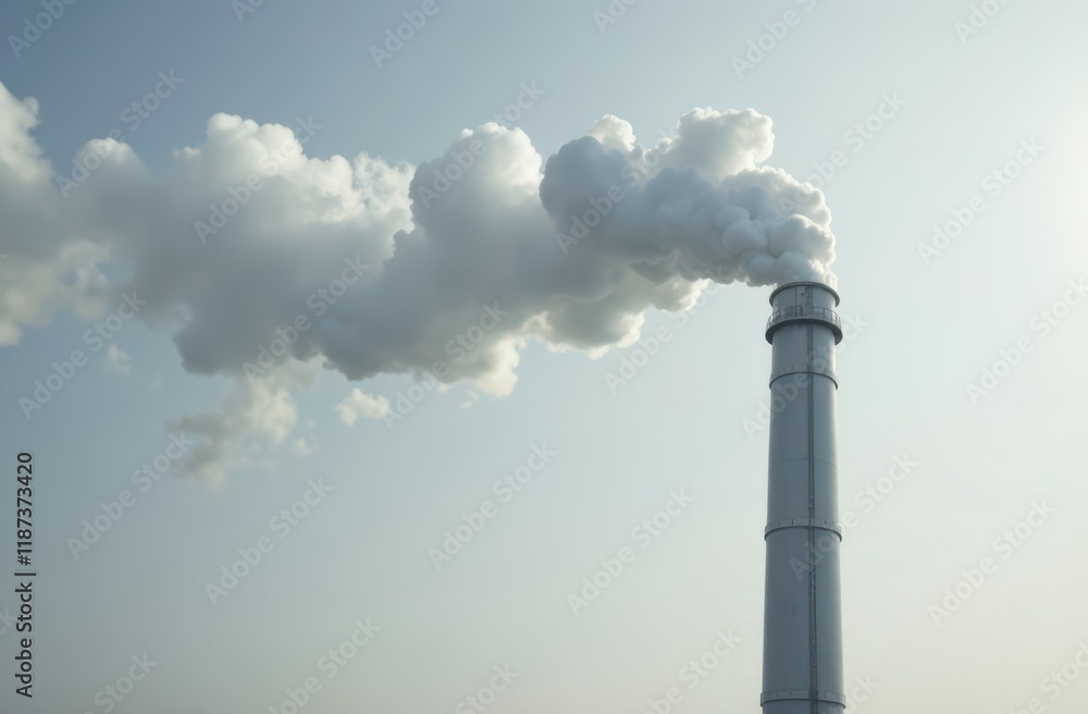 Industrial chimney emitting thick white smoke into the sky, symbolizing air pollution, environmental impact and industrial emissions Industrial chimney emitting thick white smoke into the sky, symbolizing air pollution, environmental impact and industrial emissions