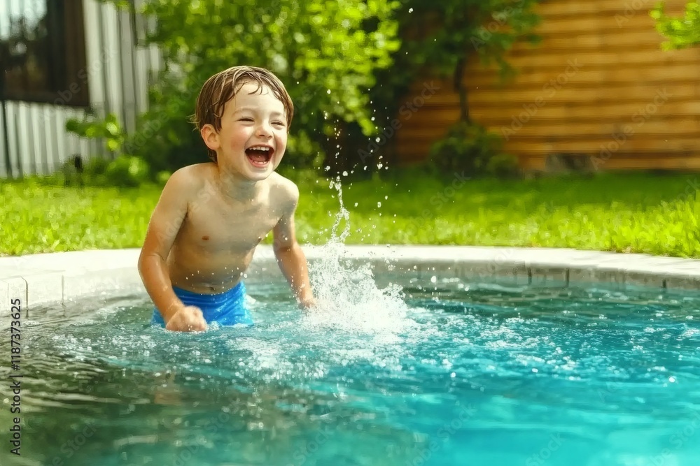 Happy child laughing and playing in a swimming pool in summer Happy child laughing and playing in a swimming pool in summer