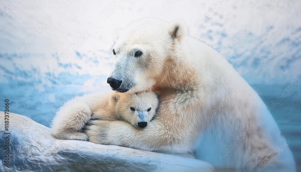 Heartwarming Arctic Love: Polar Bear Mother and Cub Cuddle Heartwarming Arctic Love: Polar Bear Mother and Cub Cuddle