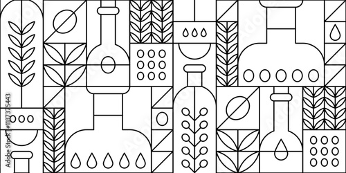 Geometric seamless pattern with olive oil in bottles, fruits and tree leaves. Vector outline abstract background in modern line art style with cooking oil