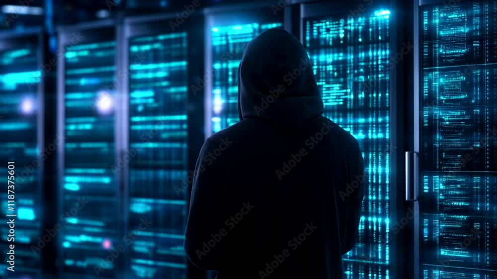 Hooded hacker in corporate data center. Rows of rack servers. AI training cluster and Artificial Intelligence. Cloud data storage. Cybercrime and network security. Digital information protection Hooded hacker in corporate data center. Rows of rack servers. AI training cluster and Artificial Intelligence. Cloud data storage. Cybercrime and network security. Digital information protection