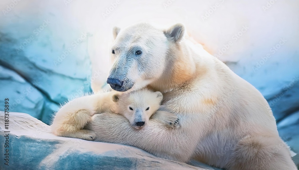Heartwarming Arctic Love: Polar Bear Mother and Cub Cuddle Heartwarming Arctic Love: Polar Bear Mother and Cub Cuddle