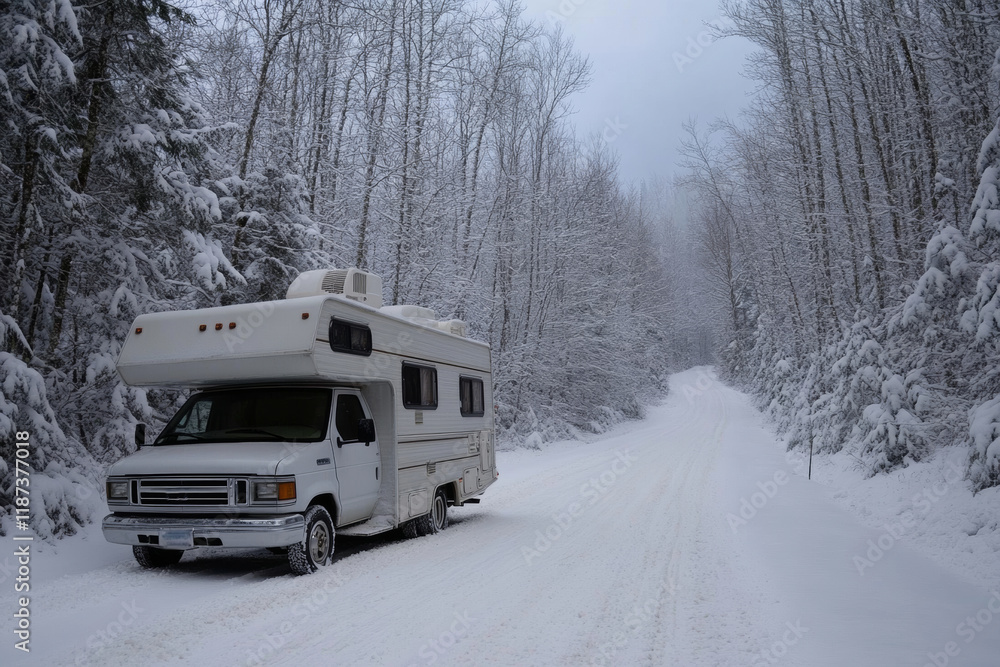 A white motorhome rests along a snow-covered road surrounded by tall trees in a winter forest. The scene captures the beauty of a quiet, snowy day and the adventure of winter travel A white motorhome rests along a snow-covered road surrounded by tall trees in a winter forest. The scene captures the beauty of a quiet, snowy day and the adventure of winter travel