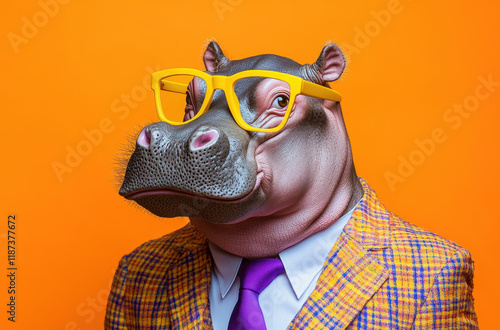 A humorous hippo wearing a checkered suit and oversized yellow glasses stands confidently against a bold orange backdrop, creating a whimsical and playful atmosphere. photo