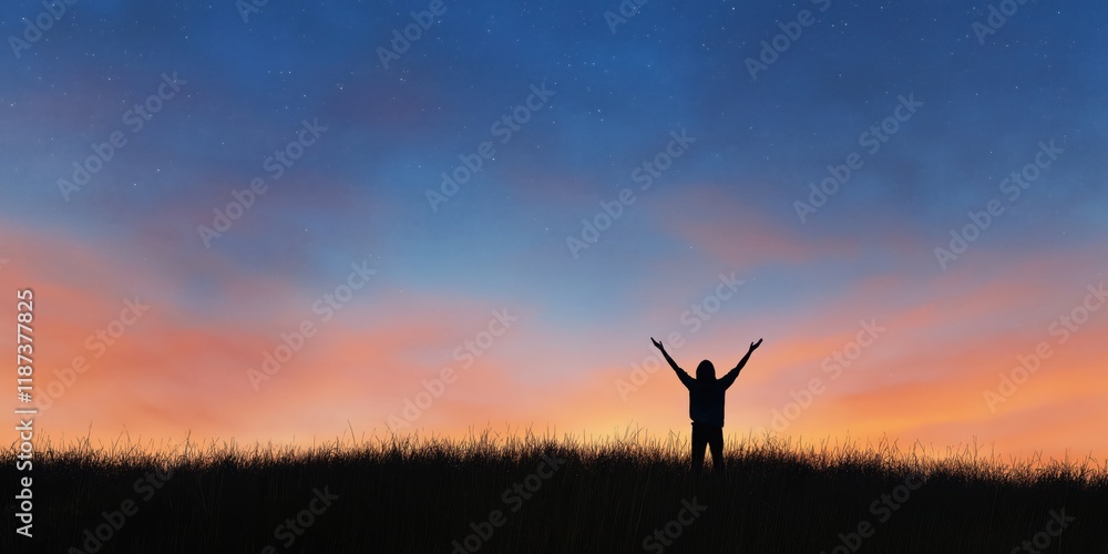 A dramatic silhouette of a person standing against a colorful dusk sky, with arms raised in celebration, capturing the essence of freedom and connection with nature. A dramatic silhouette of a person standing against a colorful dusk sky, with arms raised in celebration, capturing the essence of freedom and connection with nature.