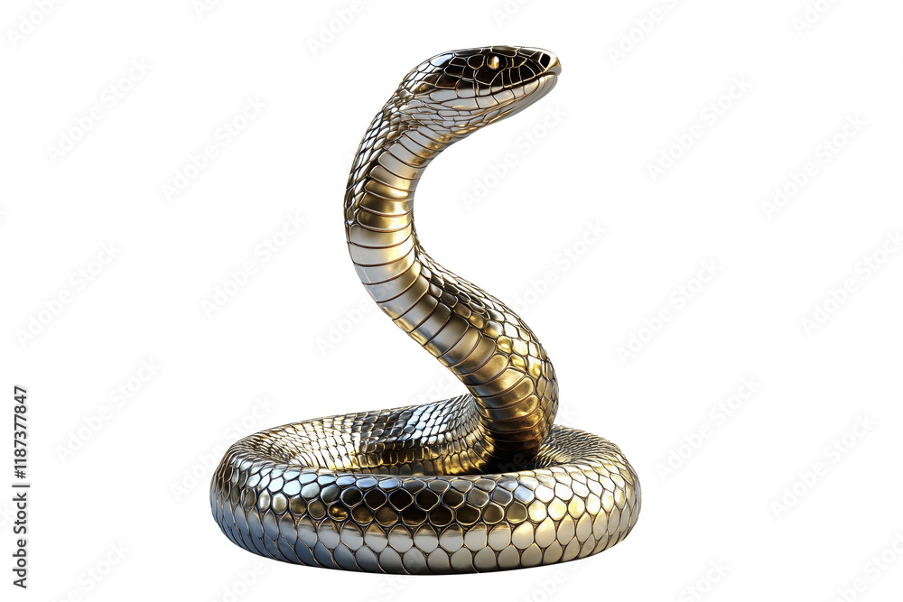 Coiled silver and golden snake sculpture with detailed scales isolated on white transparent background, reptiles or wildlife, symbolizing Chinese Lunar New year Coiled silver and golden snake sculpture with detailed scales isolated on white transparent background, reptiles or wildlife, symbolizing Chinese Lunar New year
