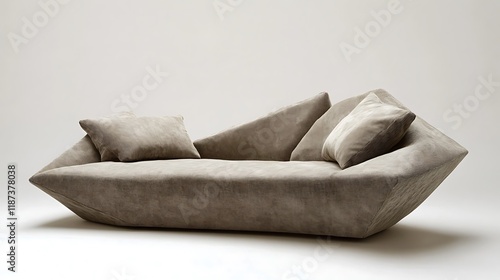 Modern sofa with a low, angular design and soft fabric cushions in neutral tones 