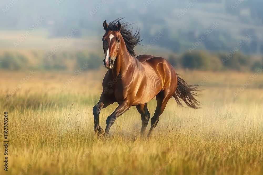 A group of wild horses runs swiftly across the expansive steppes at sunset. Their powerful strides kick up dust, highlighting their grace and strength in this expansive landscape A group of wild horses runs swiftly across the expansive steppes at sunset. Their powerful strides kick up dust, highlighting their grace and strength in this expansive landscape