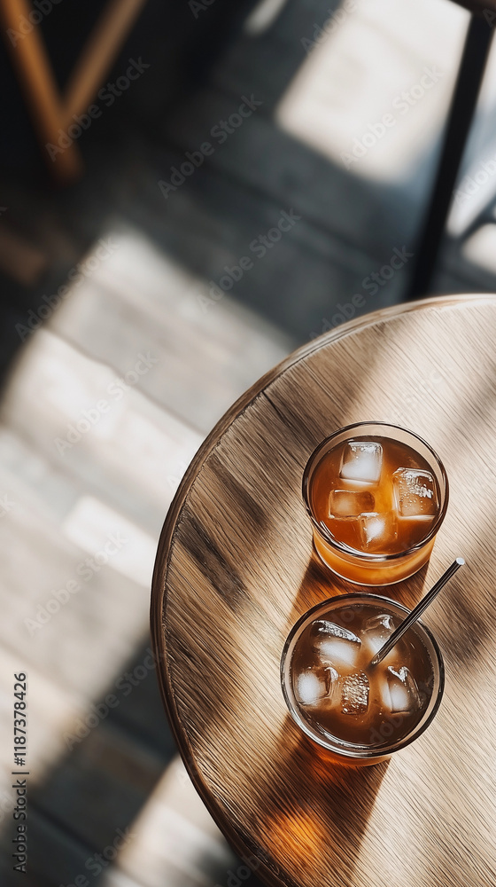 A refreshing drink of iced coffee with a straw on a round wooden table with natural sun light. A refreshing drink of iced coffee with a straw on a round wooden table with natural sun light.