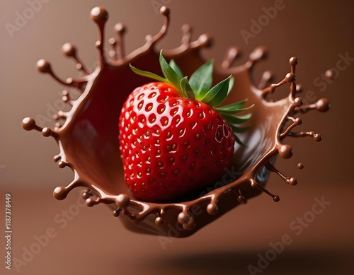 Fresh strawberry submerged in rich dark chocolate with elegant splashes. 