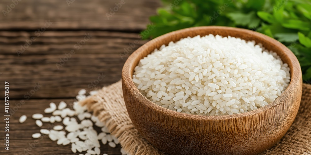 A rustic wooden bowl filled with fresh, uncooked white rice, surrounded by bright green herbs, highlighting natural ingredients and culinary creativity. A rustic wooden bowl filled with fresh, uncooked white rice, surrounded by bright green herbs, highlighting natural ingredients and culinary creativity.