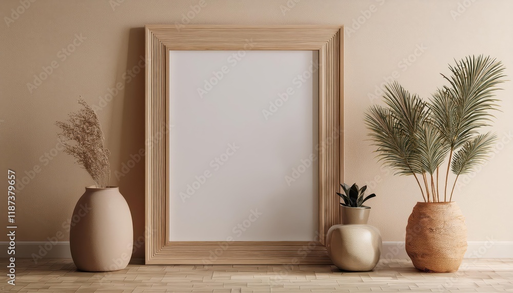 Stunning 3D Rendering of Beige Room Interior with Elegant Blank Picture Frame Mock Up, Adding a Touch of Sophistication and Minimalism to the Space Stunning 3D Rendering of Beige Room Interior with Elegant Blank Picture Frame Mock Up, Adding a Touch of Sophistication and Minimalism to the Space